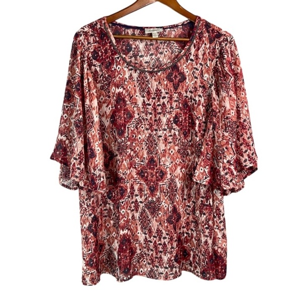 DRESS BARN Semi Sheer Printed Top Blouse Flutter Sleeve Red Pink Navy White 2X - Picture 2 of 11